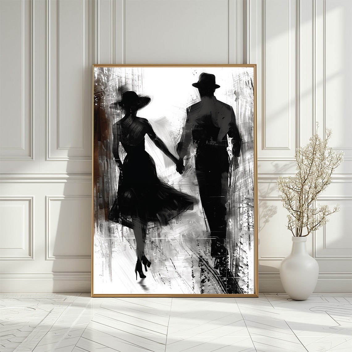 Black And White Couple Holding Hands Romantic Silhouette Poster