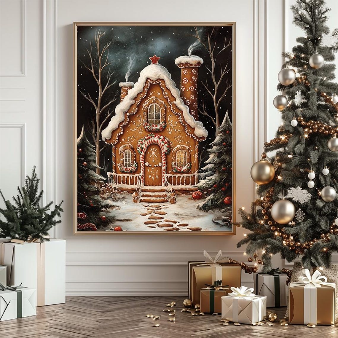 Gingerbread House Christmas Poster With Snowy Night Cookie Cottage - Image 3