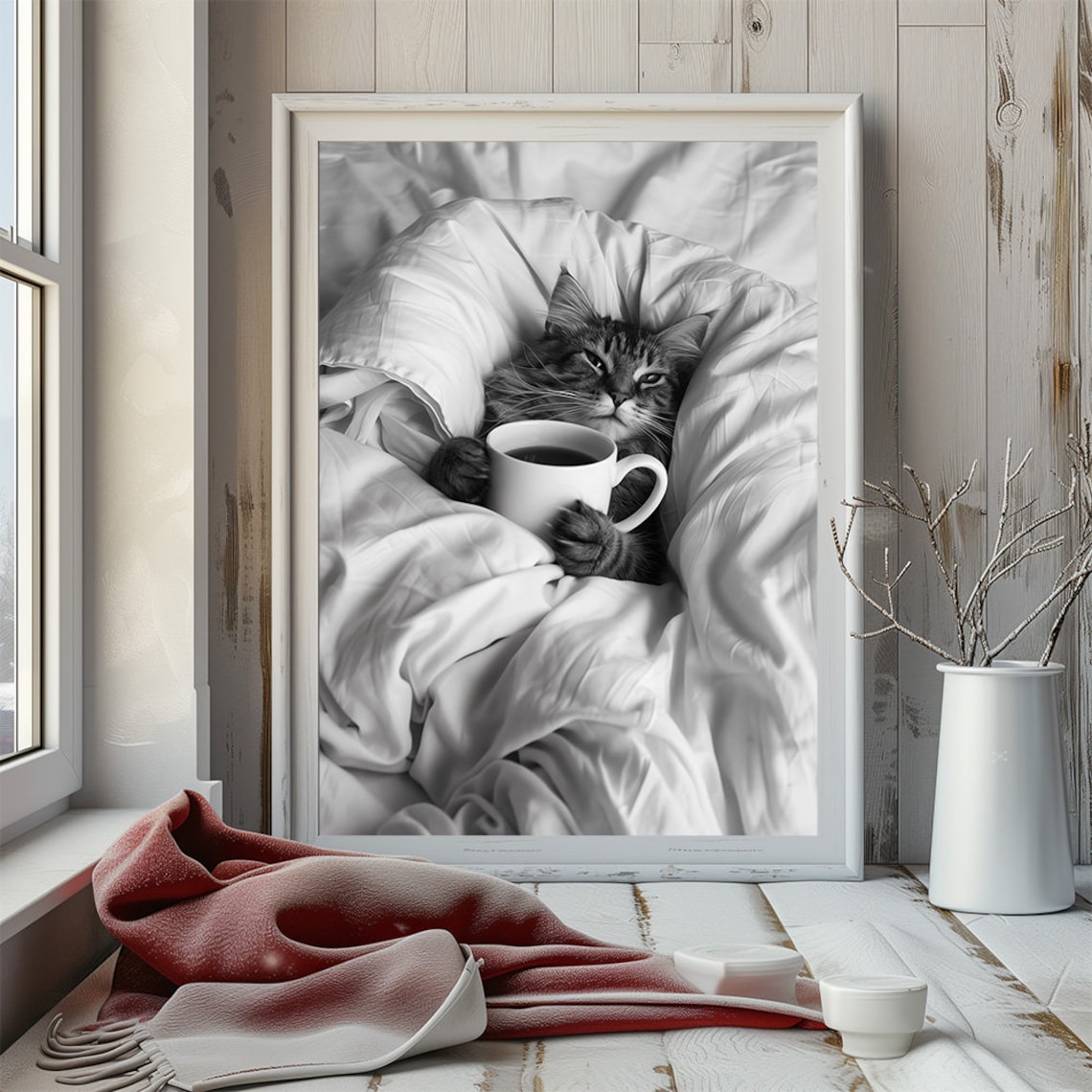 Funny Black And White Cat Holding Coffee Cup In Bed Photo Poster