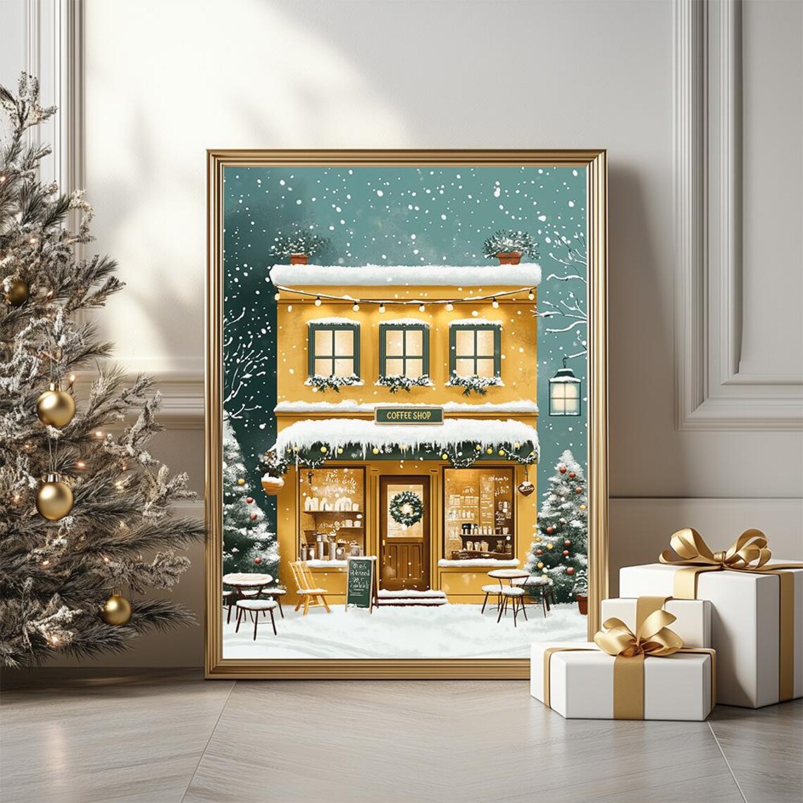 Snowy Yellow Coffee Shop Front Winter Street Scene Painting Poster