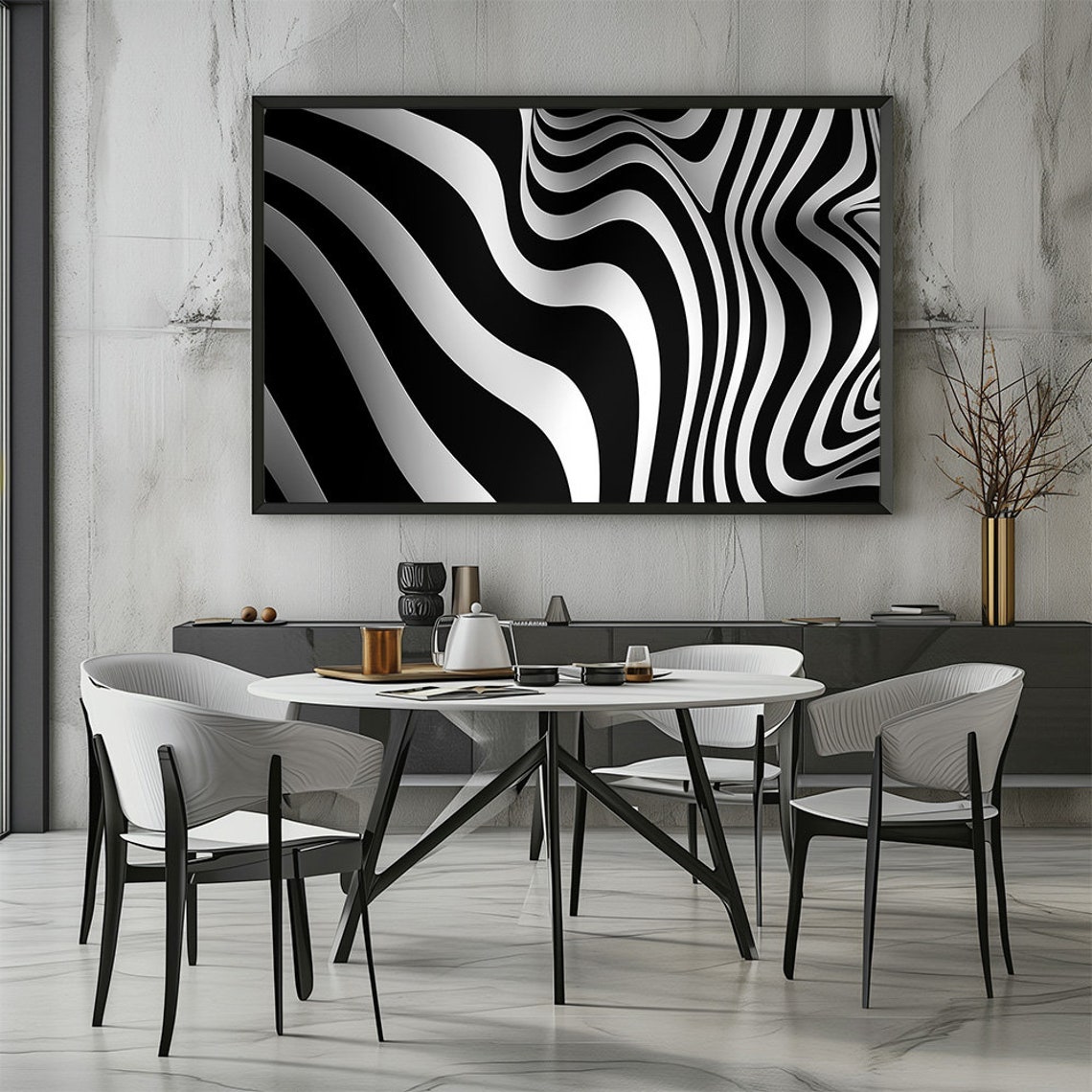 Black And White Abstract Flowing Waves Modern Optical Art Print - Image 2