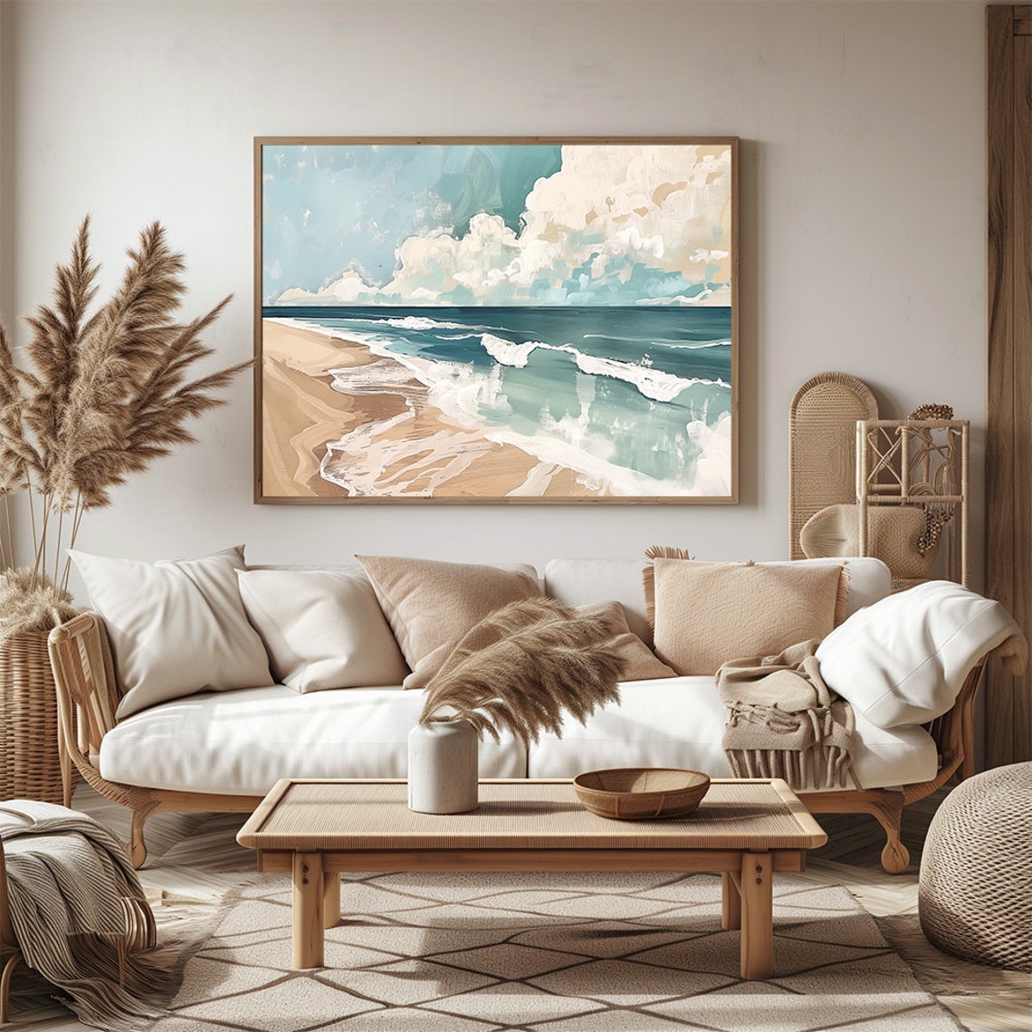Abstract Quiet Ocean Waves Beach Teal Coastal Modern Art Poster