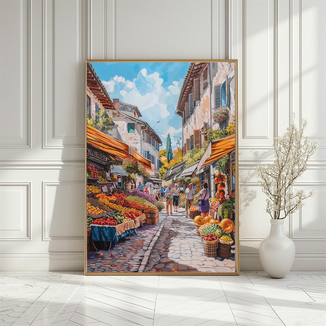 Colorful Mediterranean Village Street Market Fruit Stalls Poster
