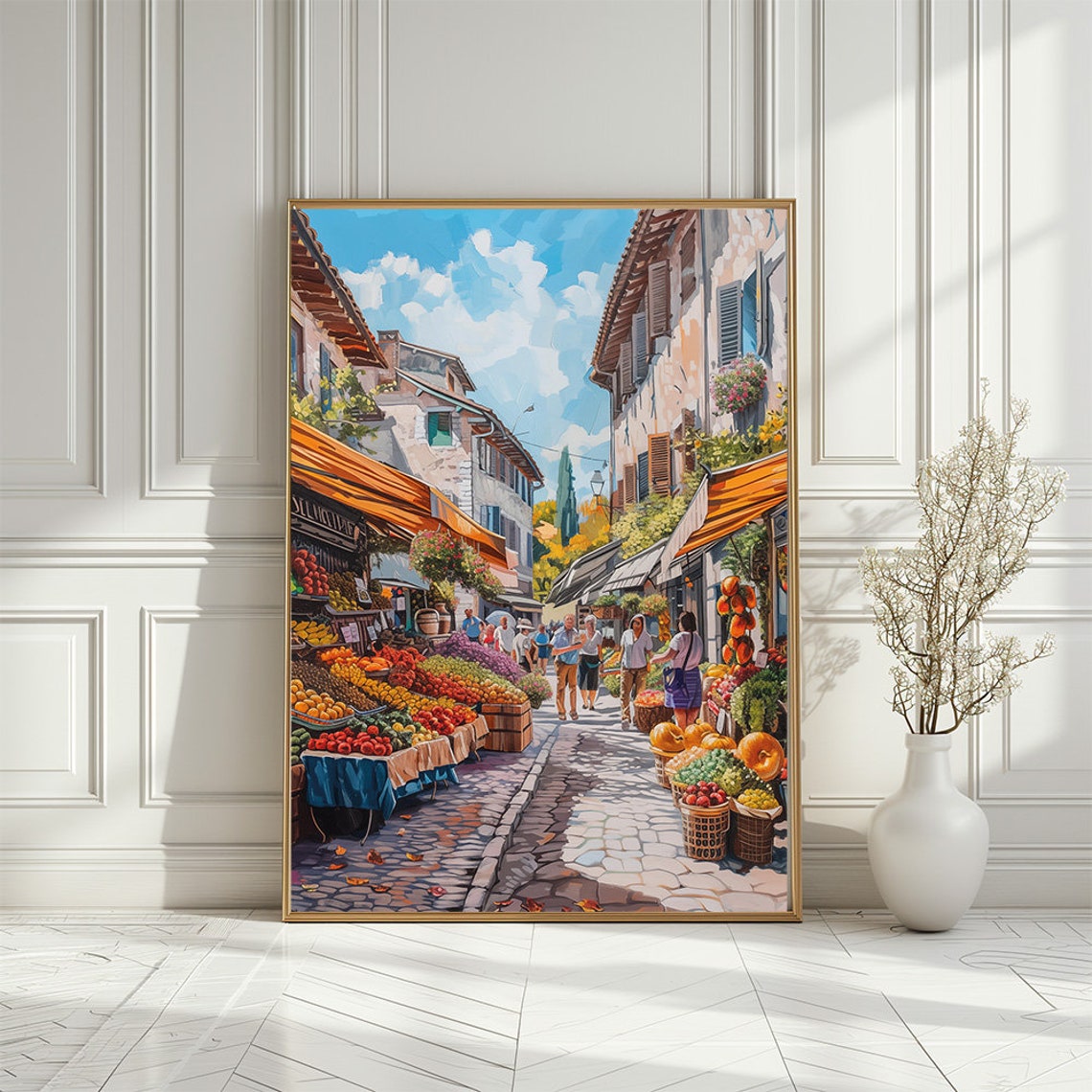 Colorful Street Market Poster Marketplace In Mediterranean Village Art Print Shopping In European Town Illustration