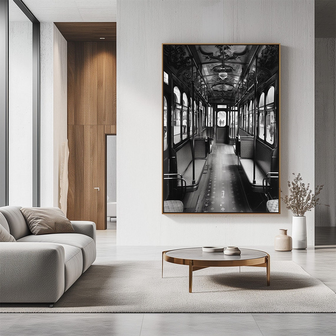 Vintage Tram Interior Black And White Photography Art Poster - Image 2