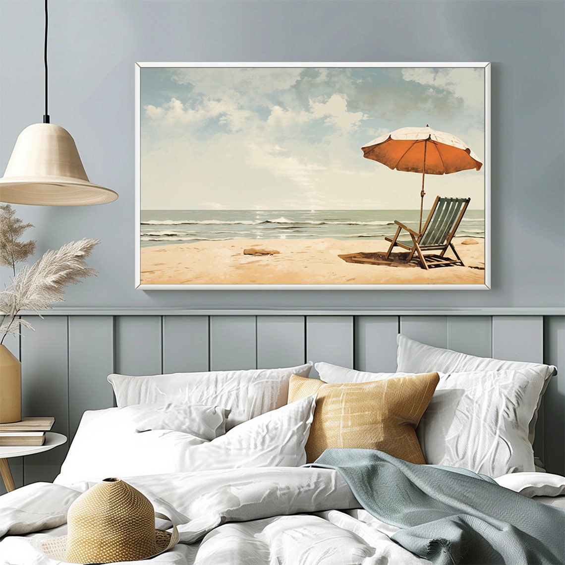 Retro Beach Chair Umbrella Ocean Waves Vintage Seaside Art Poster - Image 2