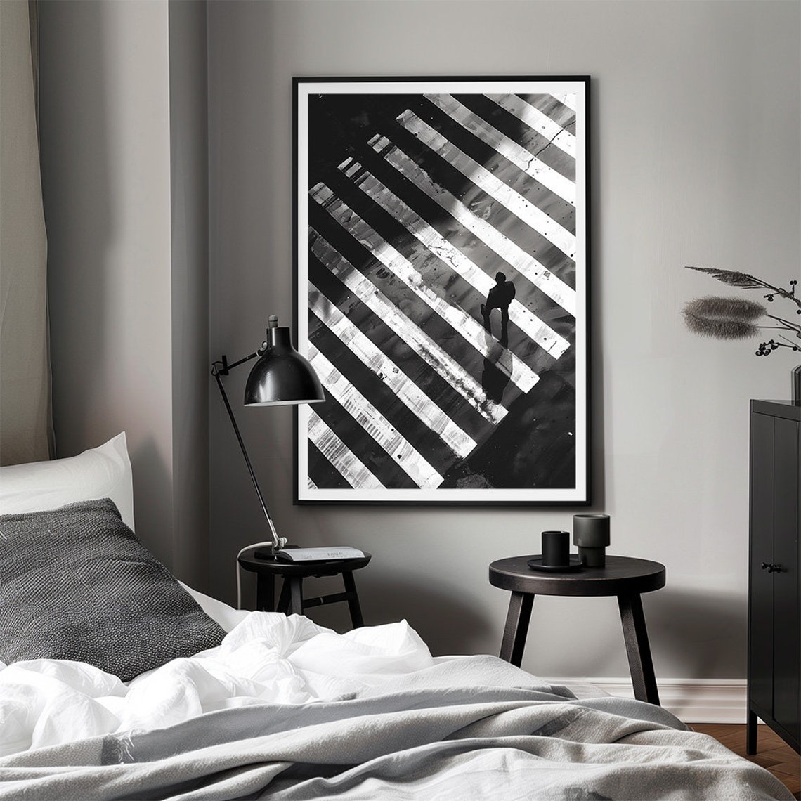 Black And White City Crosswalk Lone Walker Photography Poster - Image 3