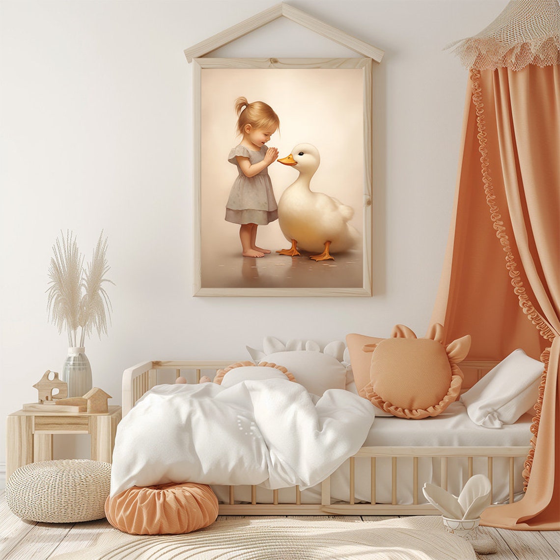 Little Girl And Fluffy White Duck Vintage Nursery Room Wall Art - Image 2