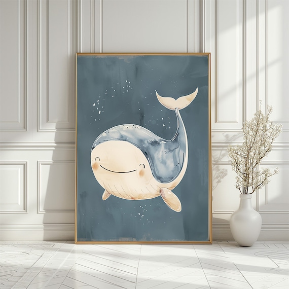 Smiling Baby Whale Watercolor Cute Nautical Nursery Wall Art