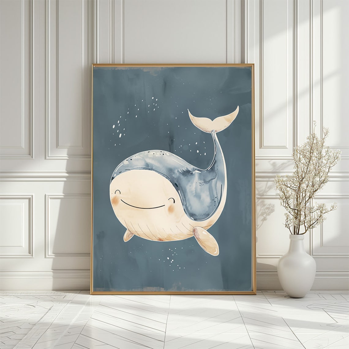 Smiling Baby Whale Watercolor Cute Nautical Nursery Wall Art