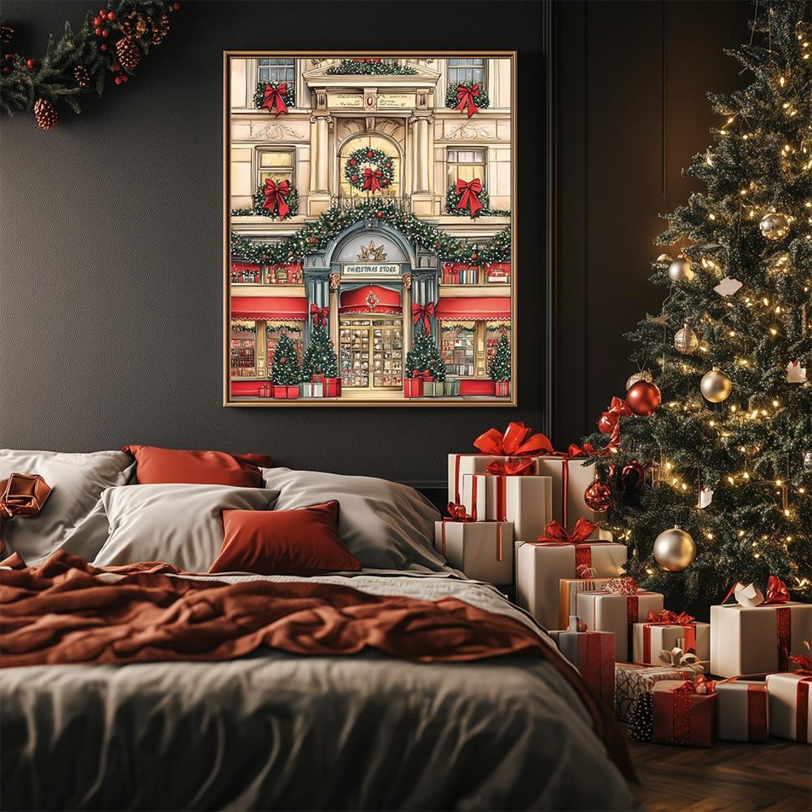 Vintage Christmas Store Entrance Poster With Red Bows and Garlands - Image 2