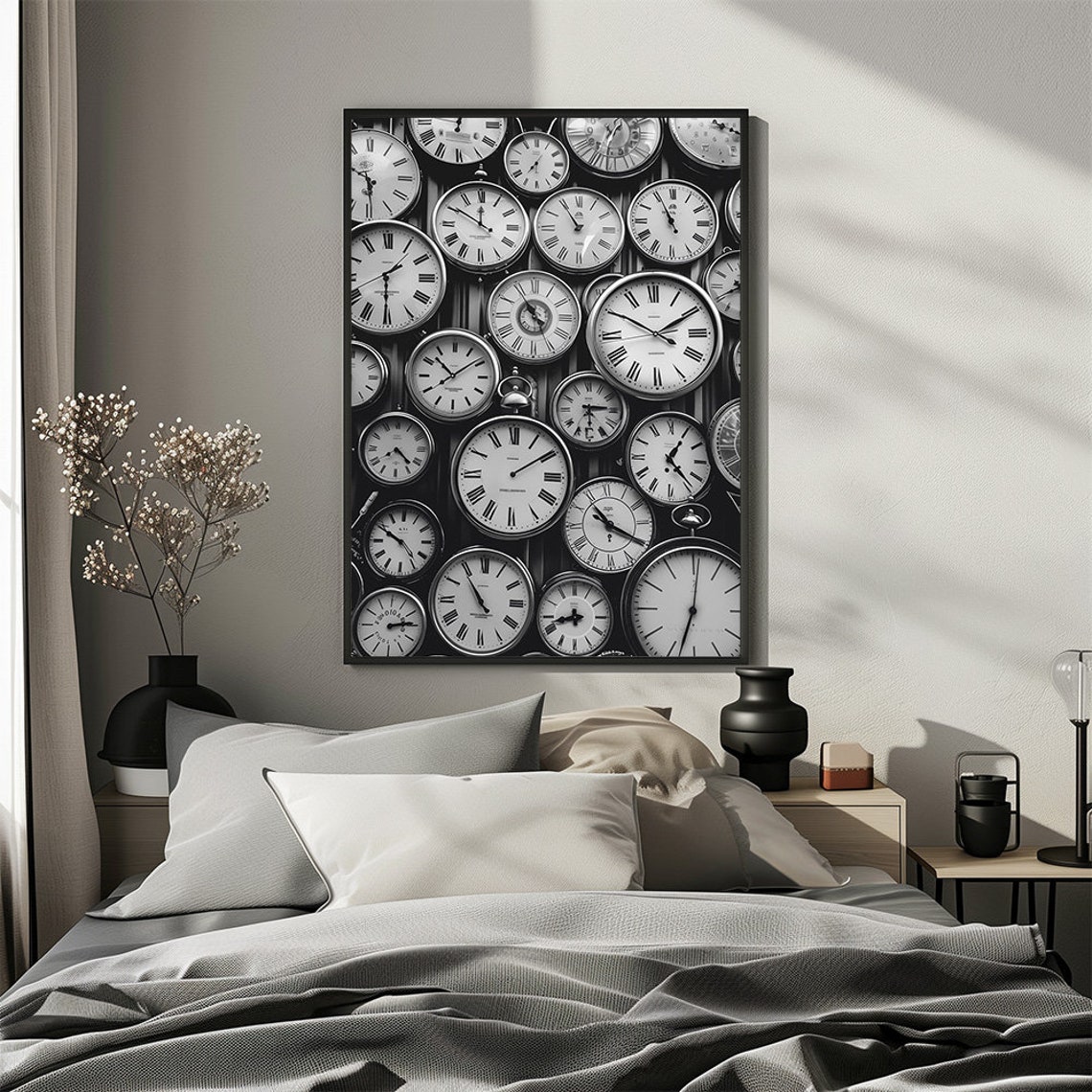 Vintage Black and White Wall of Clocks Retro Timepiece Poster - Image 2