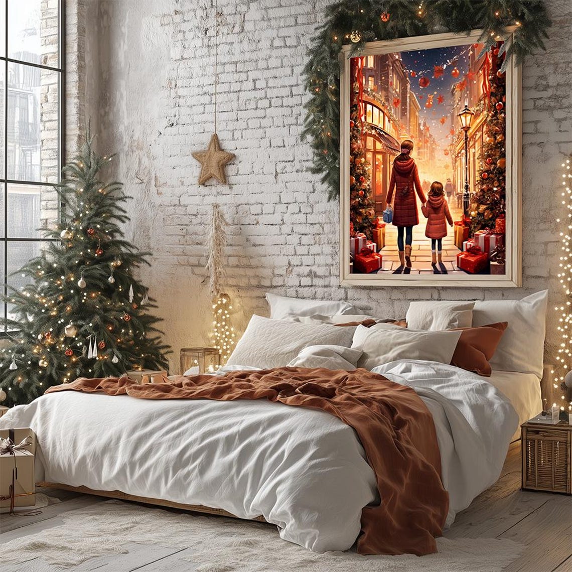 Mother And Child Christmas Shopping On Lamp-Lit Street Night Poster - Image 2