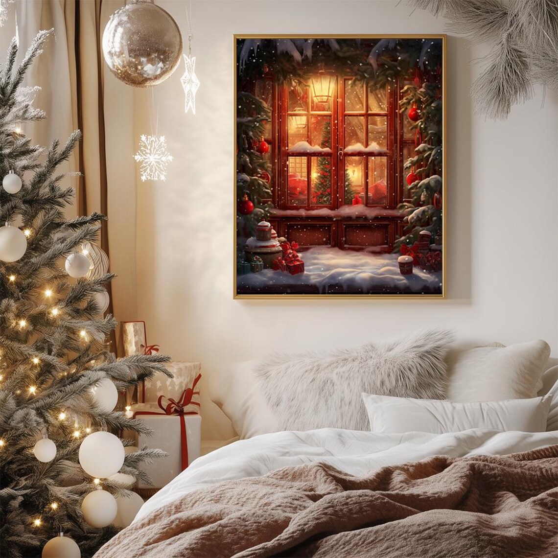 Cozy Christmas Window With Gifts On Snowy Winter Night Art Poster - Image 3