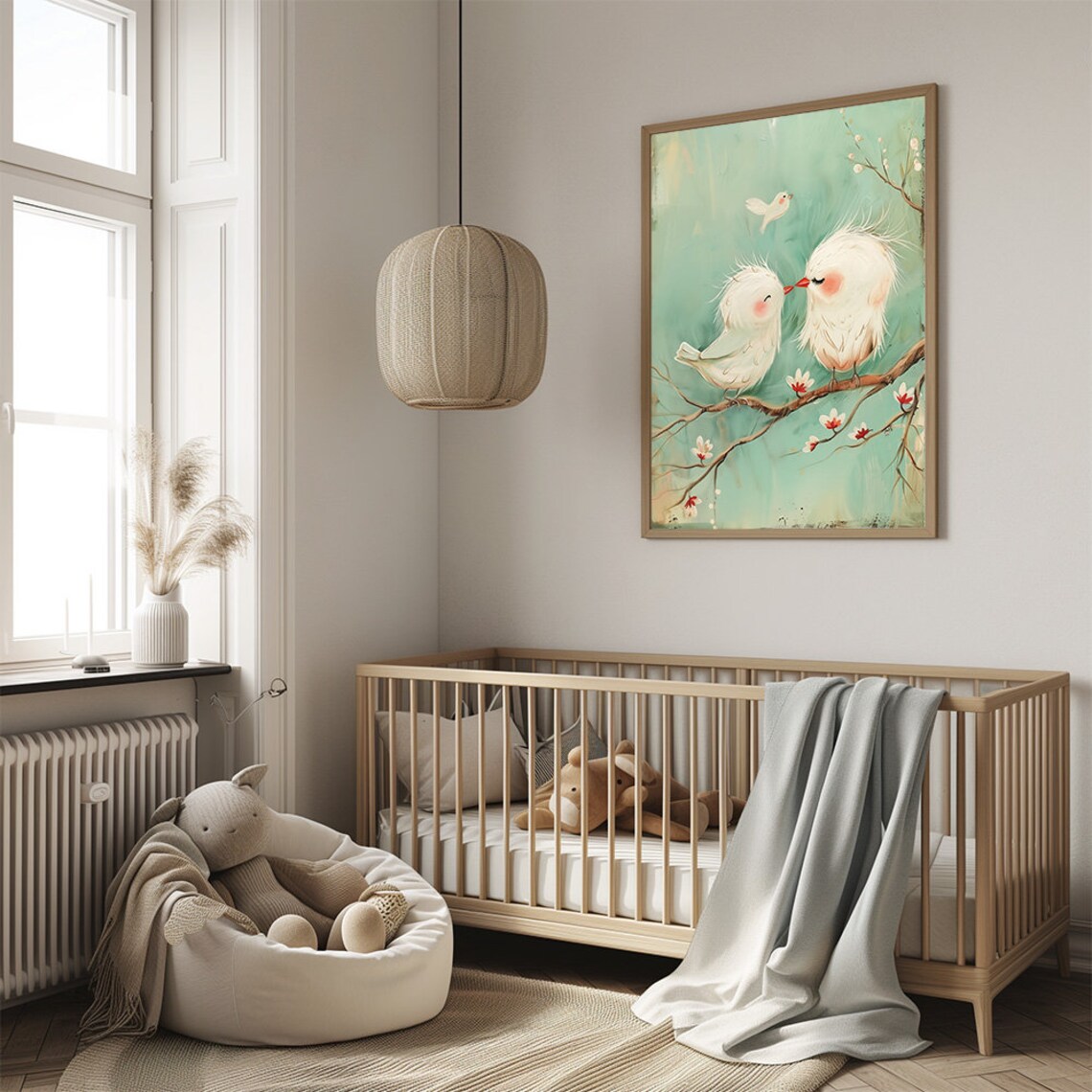 Mother And Baby Bird Kissing On Blossoming Branch Nursery Print - Image 2