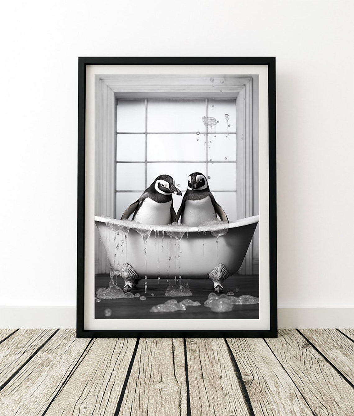 Two Penguins Splashing In Vintage Bathtub Funny Photo Poster - Image 3