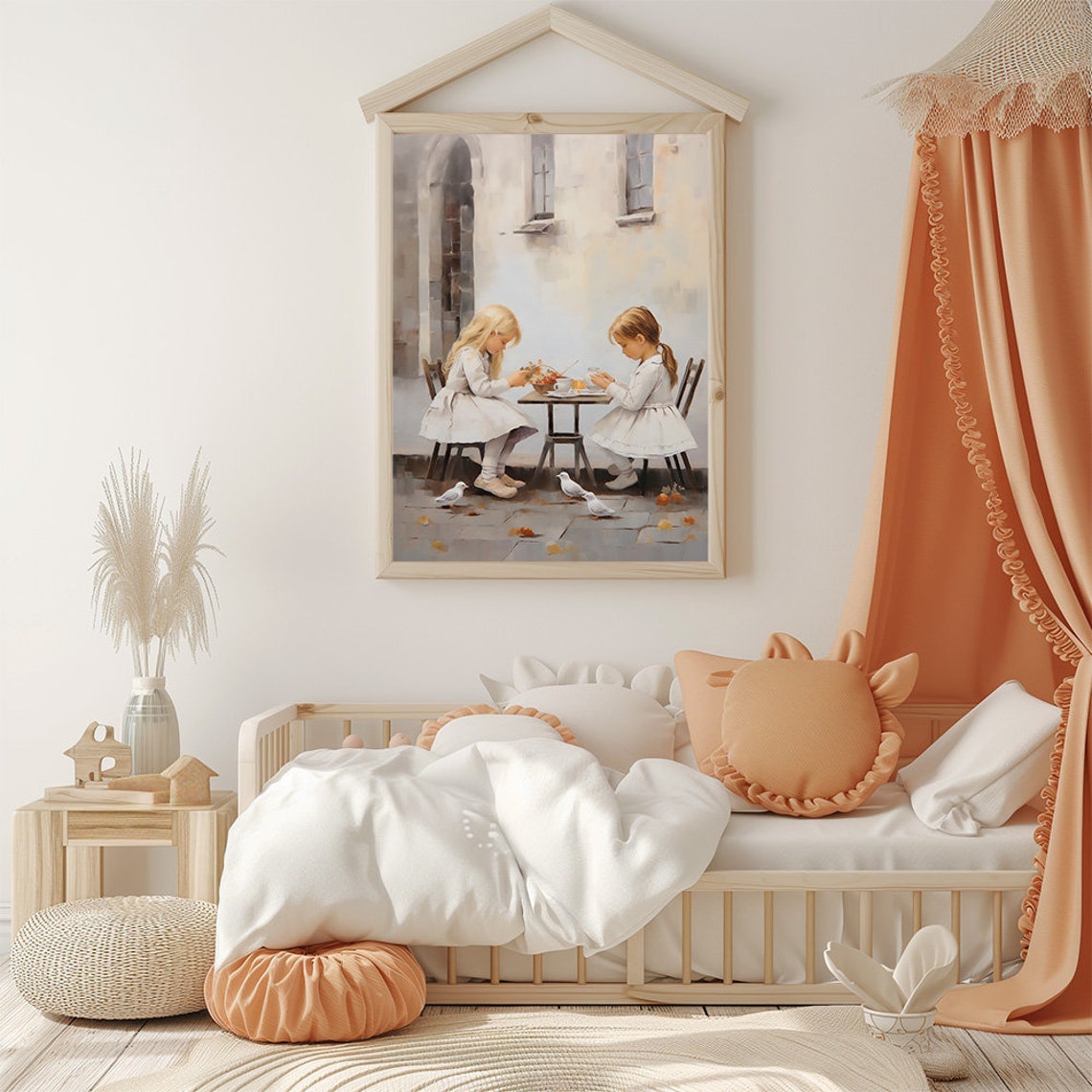 Vintage Girls Teatime With Pigeons Nursery Illustration Wall Art - Image 3