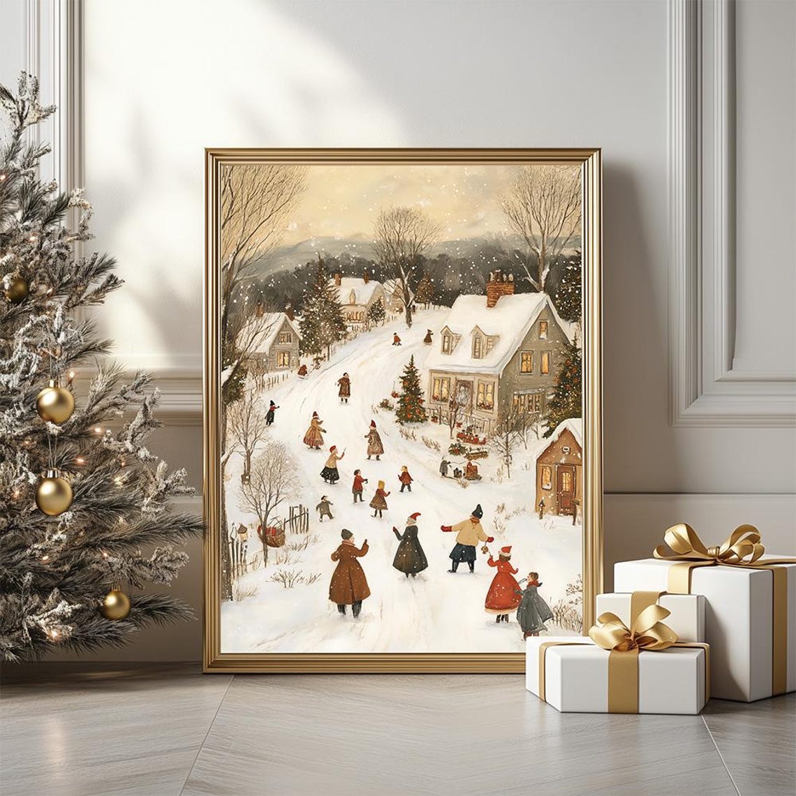Rustic Winter Village Snow Scene Poster With Vintage Christmas Charm