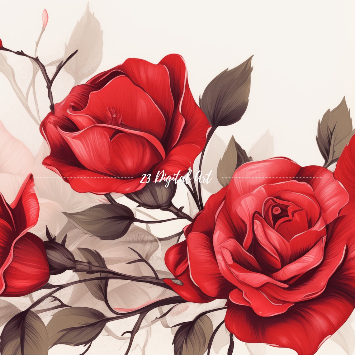 Red Roses Botanical Illustration on Cream Background Art Print - Image 3