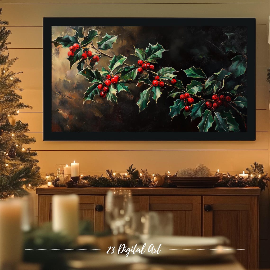 Frame Tv Art Beautiful Holly Berry Christmas Tv Screensaver Rustic Holiday Holly Xmas Tv Art Neutral Farmhouse Winter Art 150 - Image 4