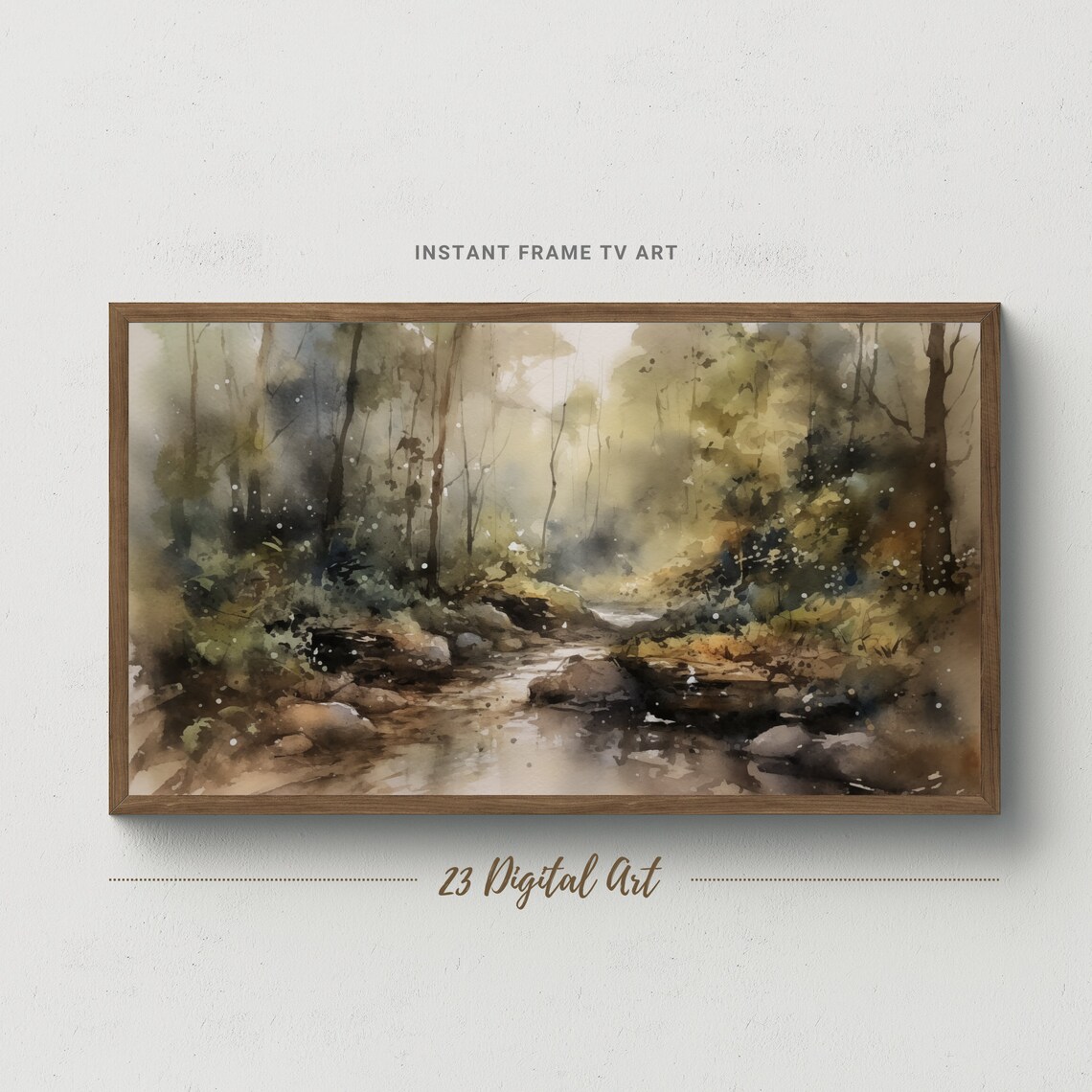 Frame Tv Art Moody Watercolour Painting Of The Summer Landscape Classic Neutral Summer Stream Botanical Green Earthy Summer Tv Art 122