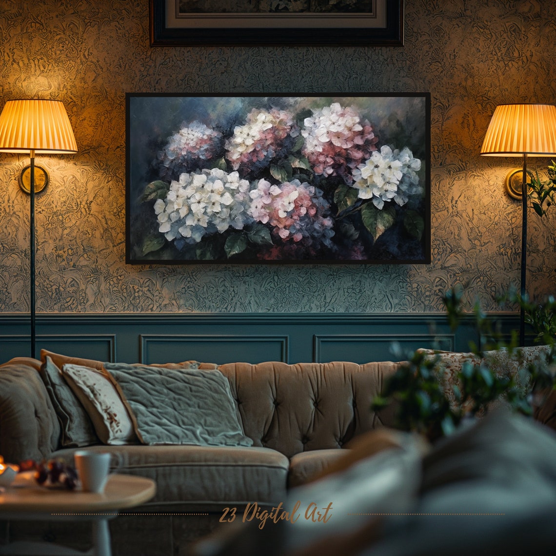 Dark Moody Hydrangeas White Pink Blooms Elegant Floral Art Print - Image 5