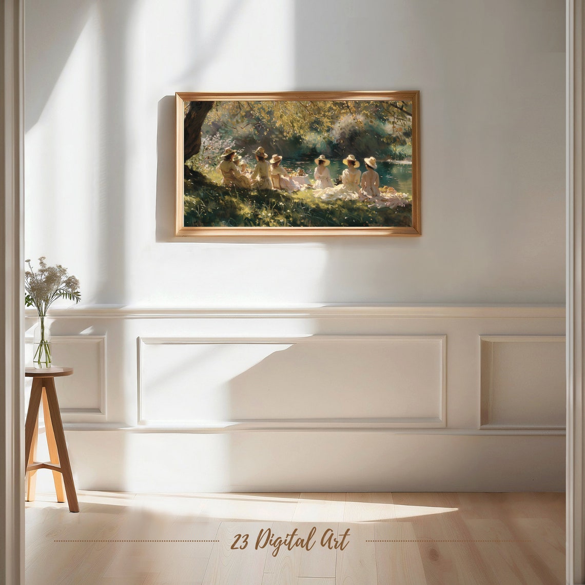 Frame Tv Art Summer Landscape Oil Painting Ladies Sitting In The Park Classic Neutral Country Earthy Green Garden Painting Tv Art 126 - Image 7