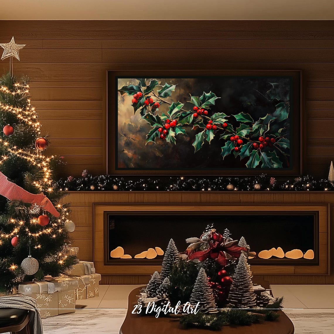 Frame Tv Art Beautiful Holly Berry Christmas Tv Screensaver Rustic Holiday Holly Xmas Tv Art Neutral Farmhouse Winter Art 150 - Image 3