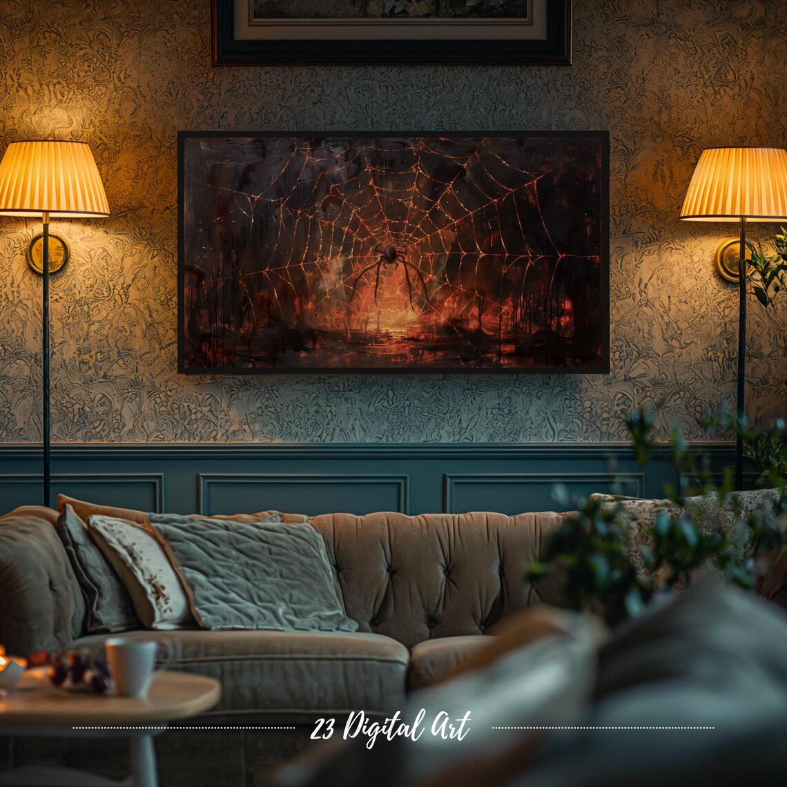 Giant Spider Web Fire Glow Spooky Halloween Night Painting Frame TV Poster - Image 6