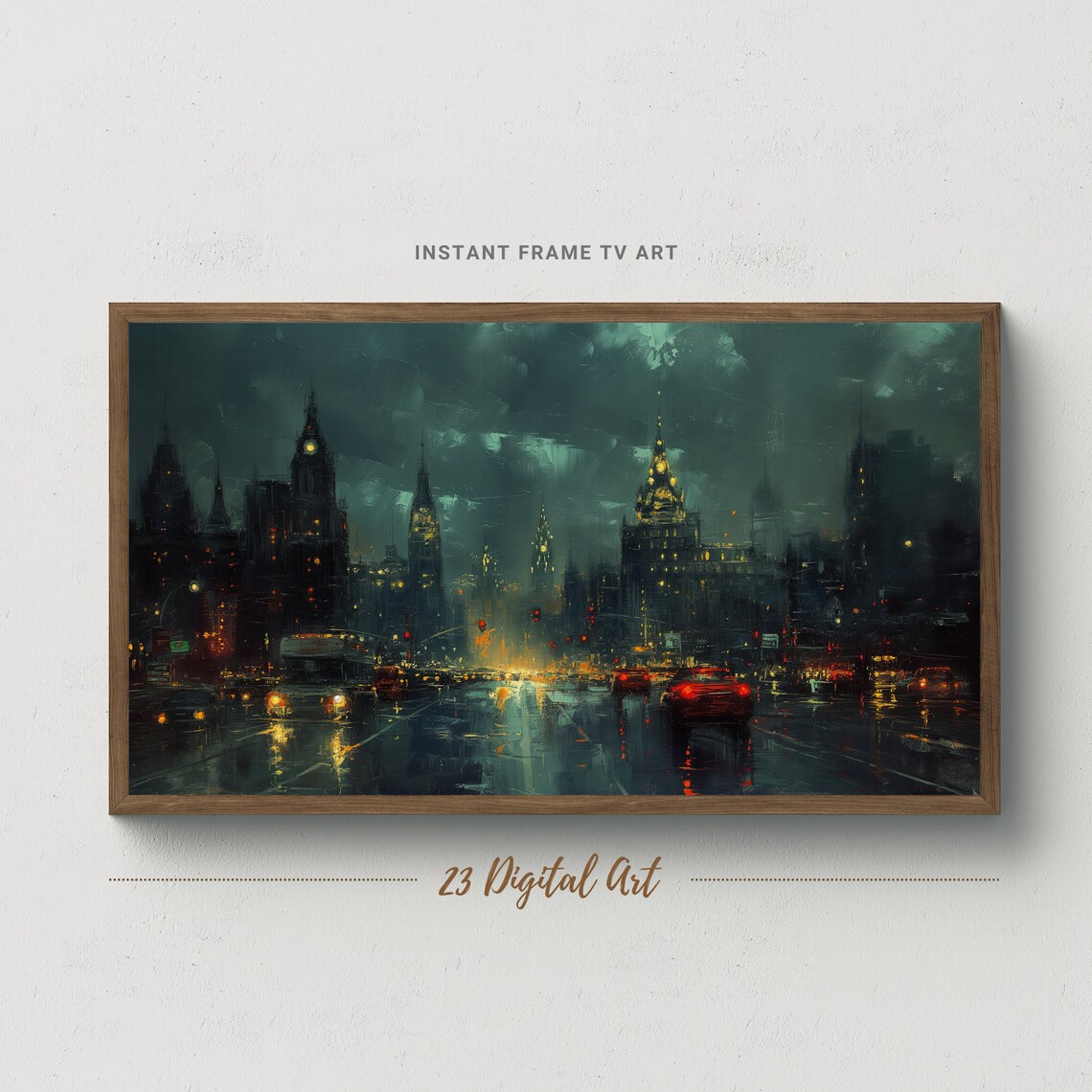Rainy Night Metropolis Skyline Cars Neon Lights Urban Art Poster