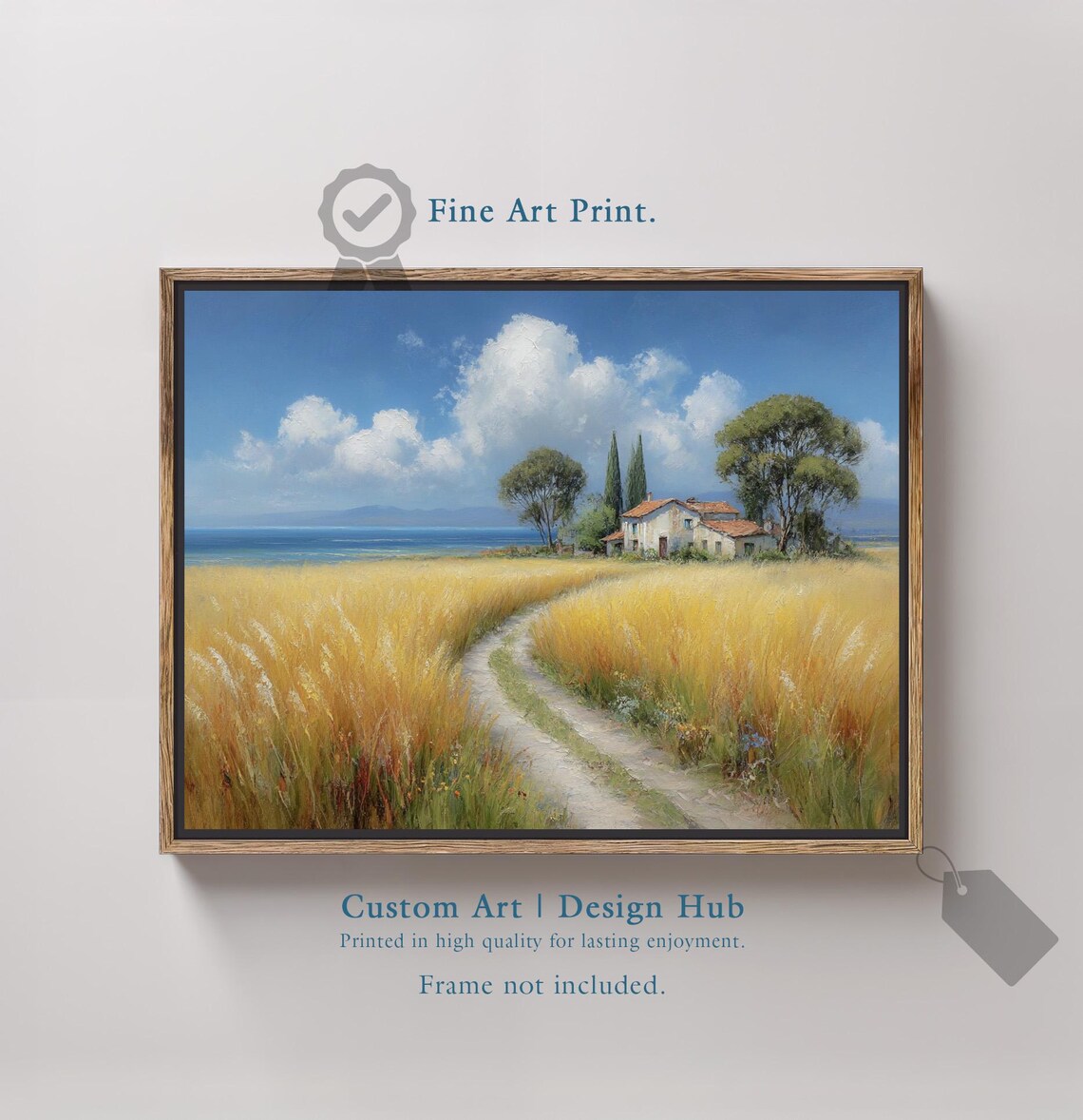 Mediterranean Coastal Farmhouse Golden Wheat Field Sunset Art Poster