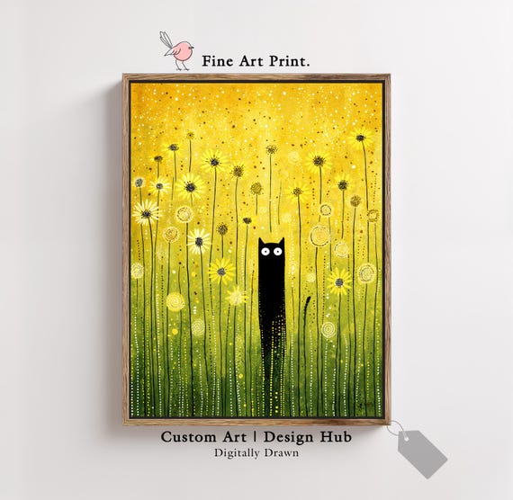 Black Cat Among Tall Yellow Wildflowers Whimsical Folk Art Print