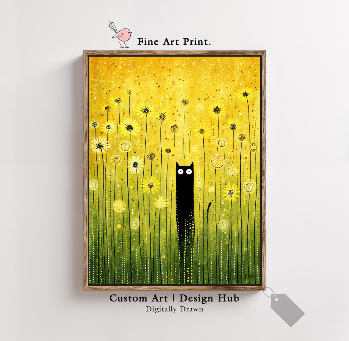 Black Cat Among Tall Yellow Wildflowers Whimsical Folk Art Print