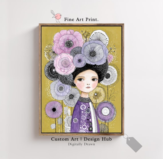 Whimsical Girl Portrait Purple Floral Poppy Anemone Modern Art Poster