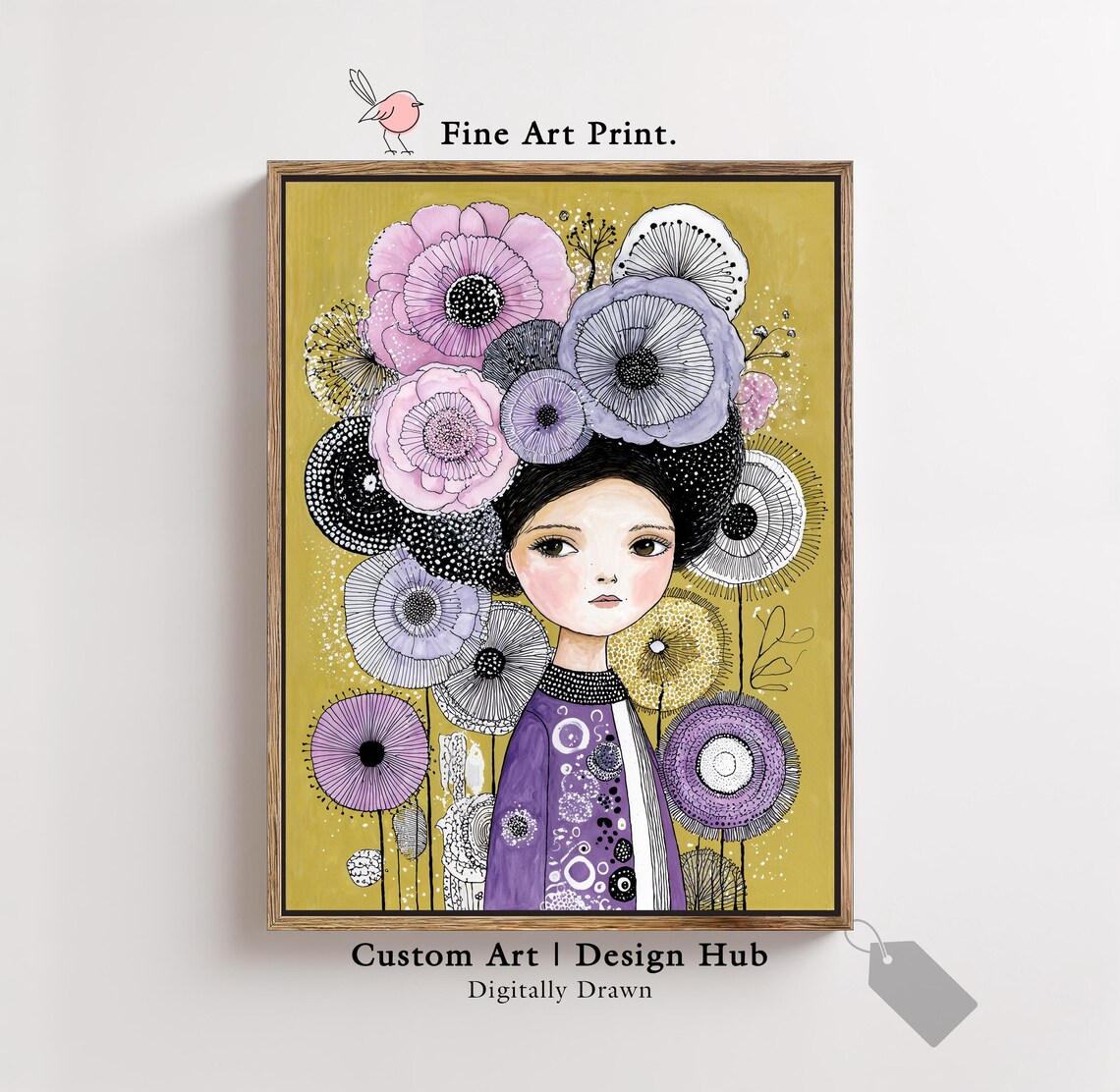 Whimsical Girl Portrait Purple Floral Poppy Anemone Modern Art Poster