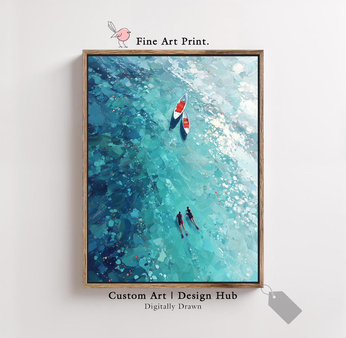 Abstract Coastal Print, Blue Ocean Boats Art Print