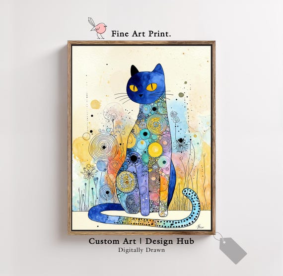 Abstract Blue Cat Wall Art Colorful Geometric Animal Print For Modern Home Decor
