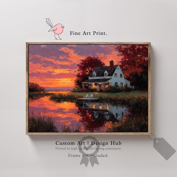 Lake Cottage Sunset Water Reflection Dock Chairs Impressionist Poster