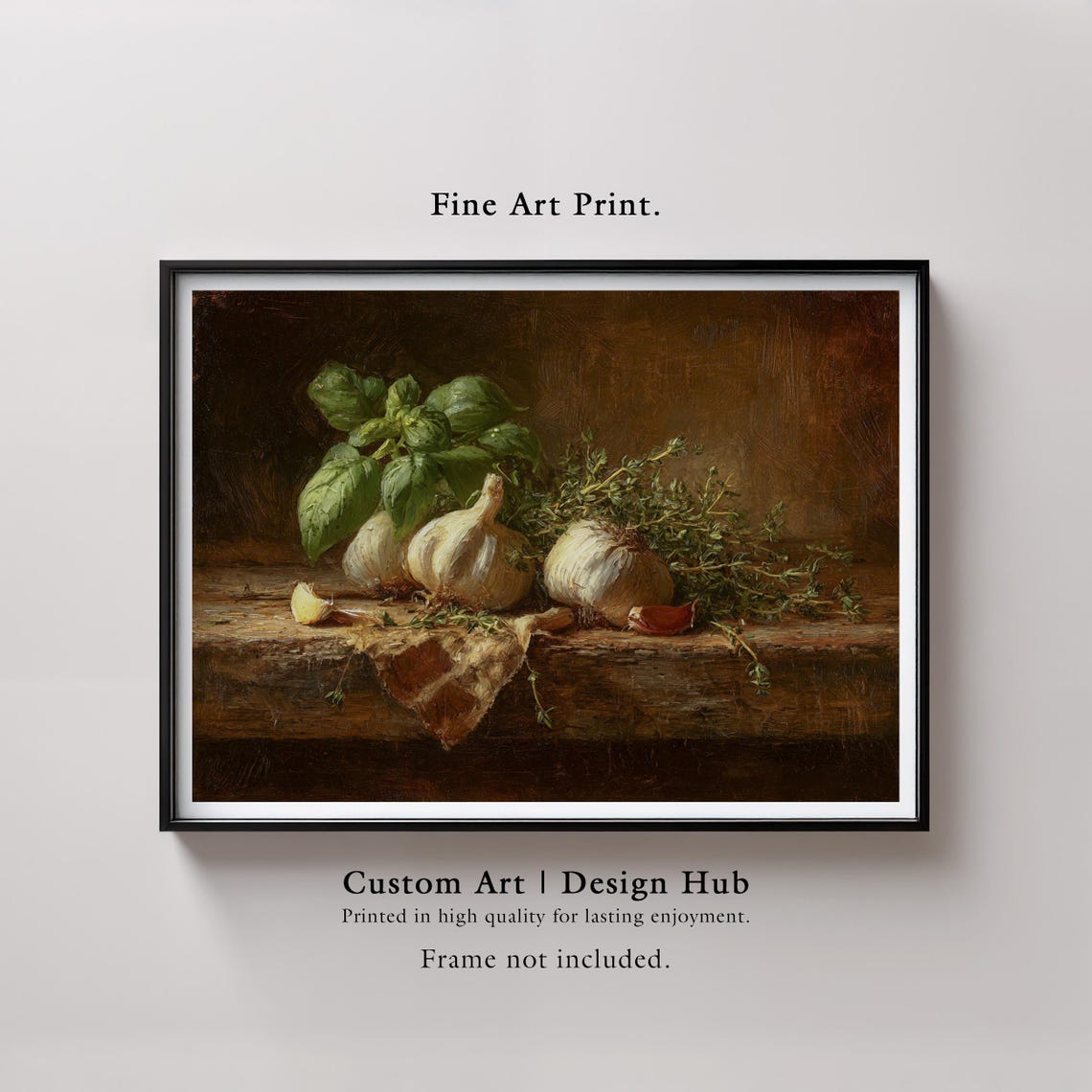 Rustic Garlic and Fresh Herbs Vintage Kitchen Still Life Print
