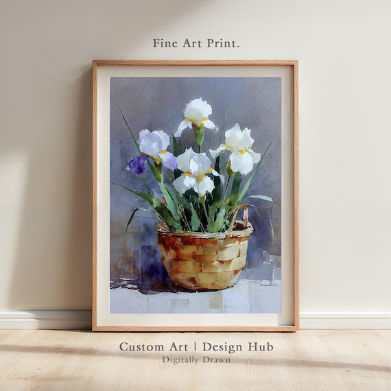 Soft White Iris Flowers Woven Basket Watercolor Floral Poster