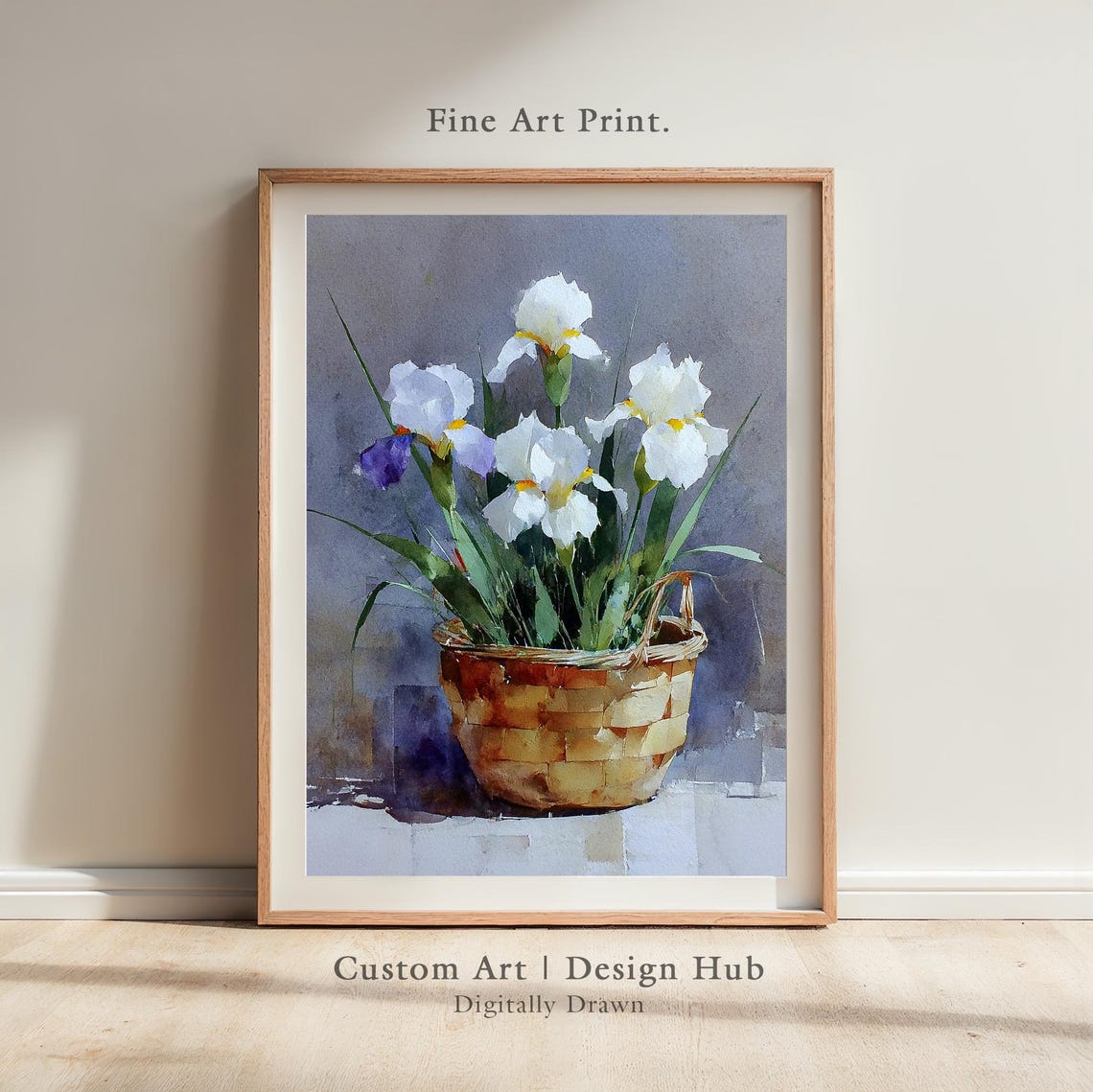 Soft White Iris Flowers Woven Basket Watercolor Floral Poster