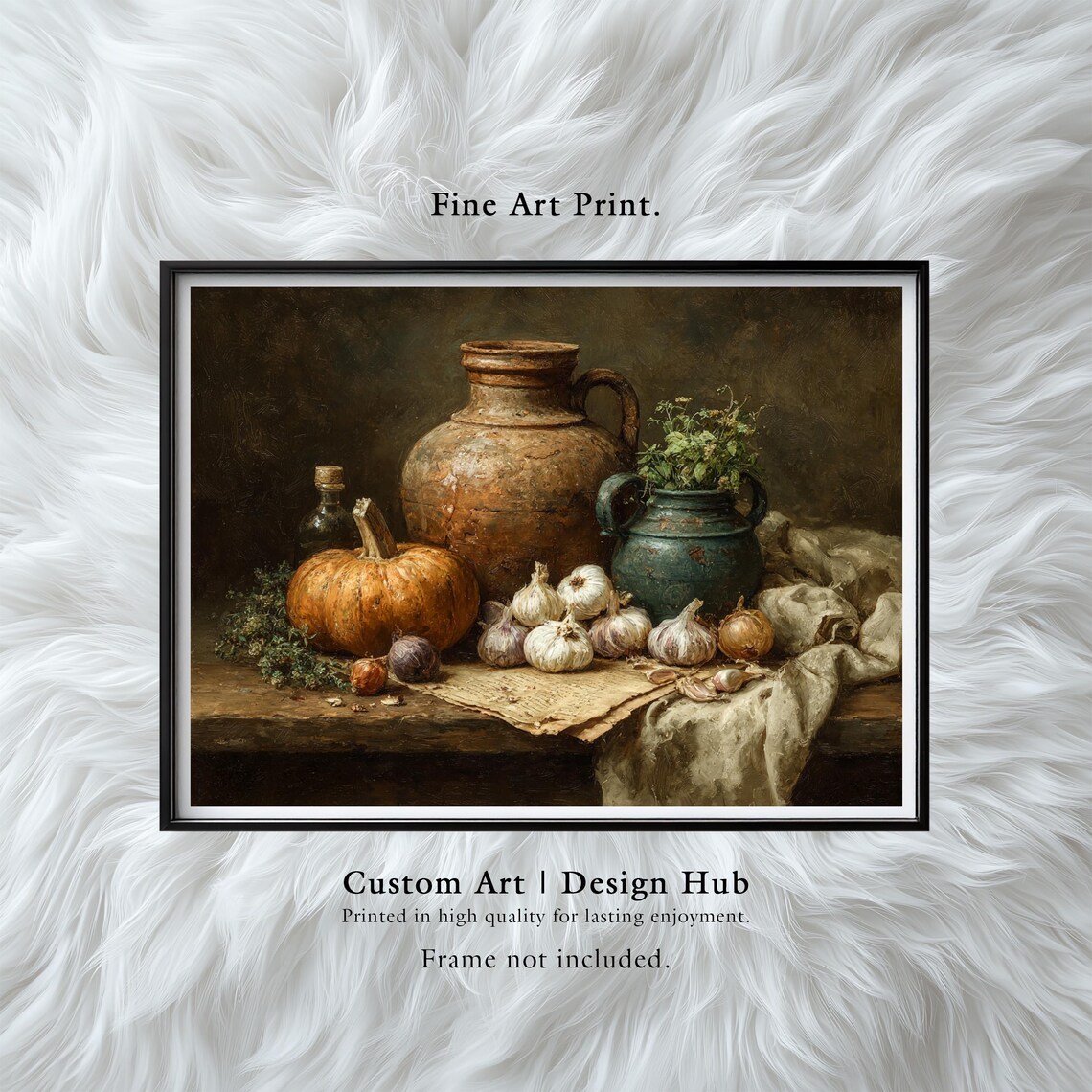 Rustic Pumpkin and Clay Pot Harvest Still Life Vintage Kitchen Wall Art