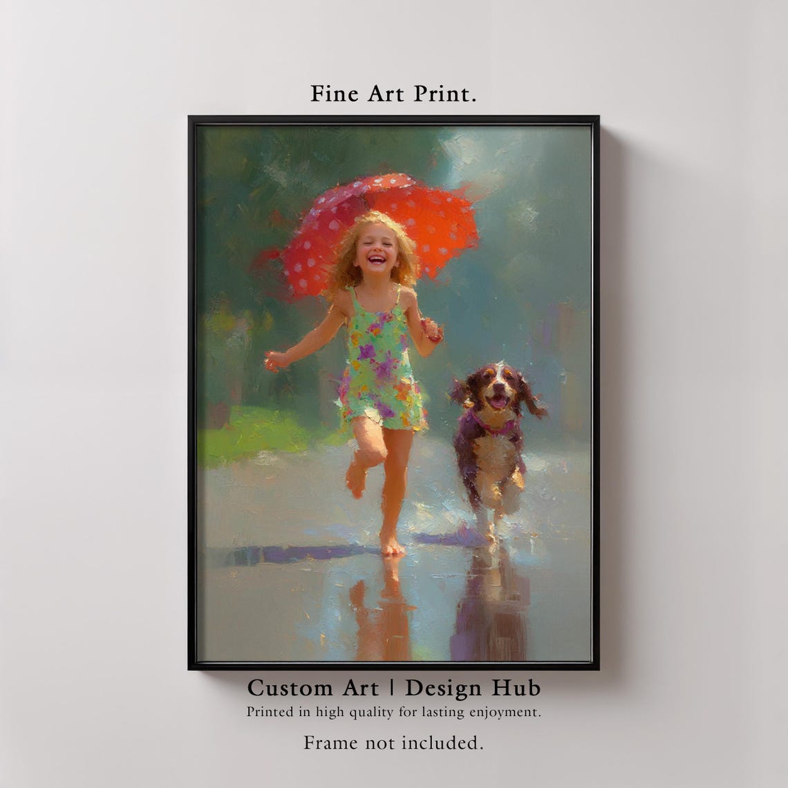Girl With Dog Red Umbrella Joyful Rain Impressionist Art Poster