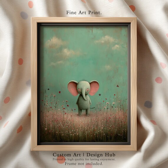 Sweet Baby Elephant with Pink Ears in Wildflower Field Poster