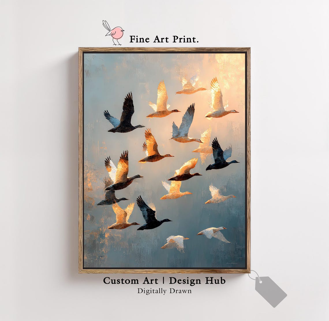 Geese Flying Into Golden Sunset Sky Warm Painterly Birds Wall Art