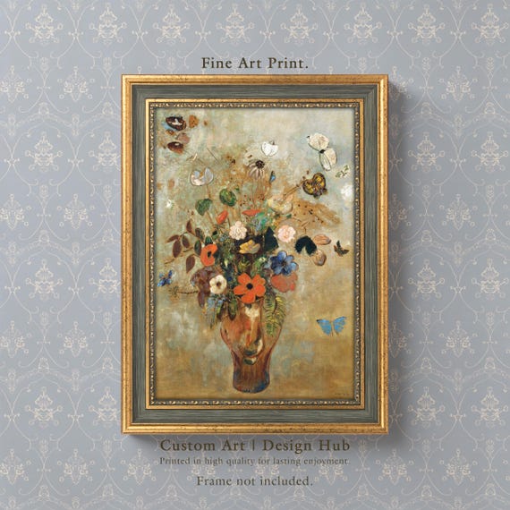 Floral Still Life Print Vintage Impressionist Painting With Butterflies