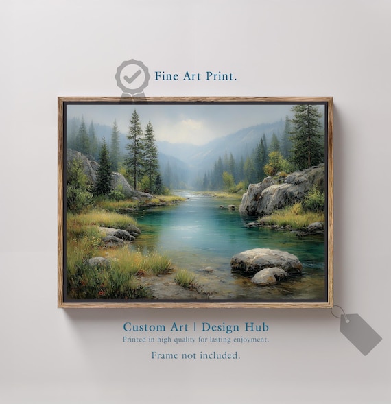 Mountain River Evergreen Forest Misty Valley Impressionist Poster