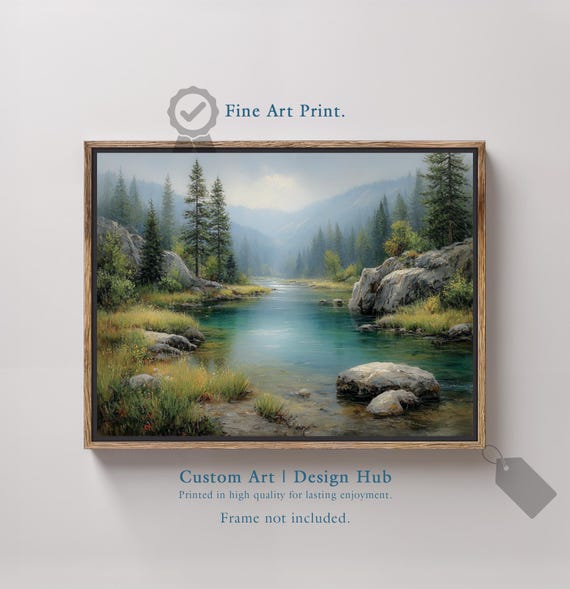Mountain River Landscape Art Print Rustic Forest Scenery