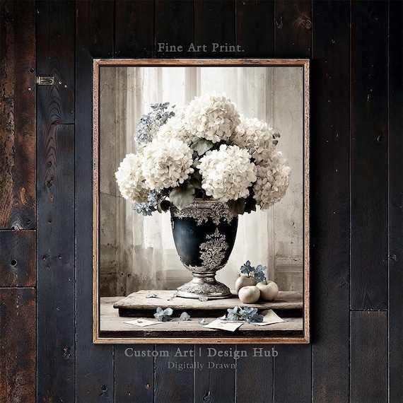 White Hydrangea Bouquet in Vintage Ornate Urn Elegant Floral Still Life Poster