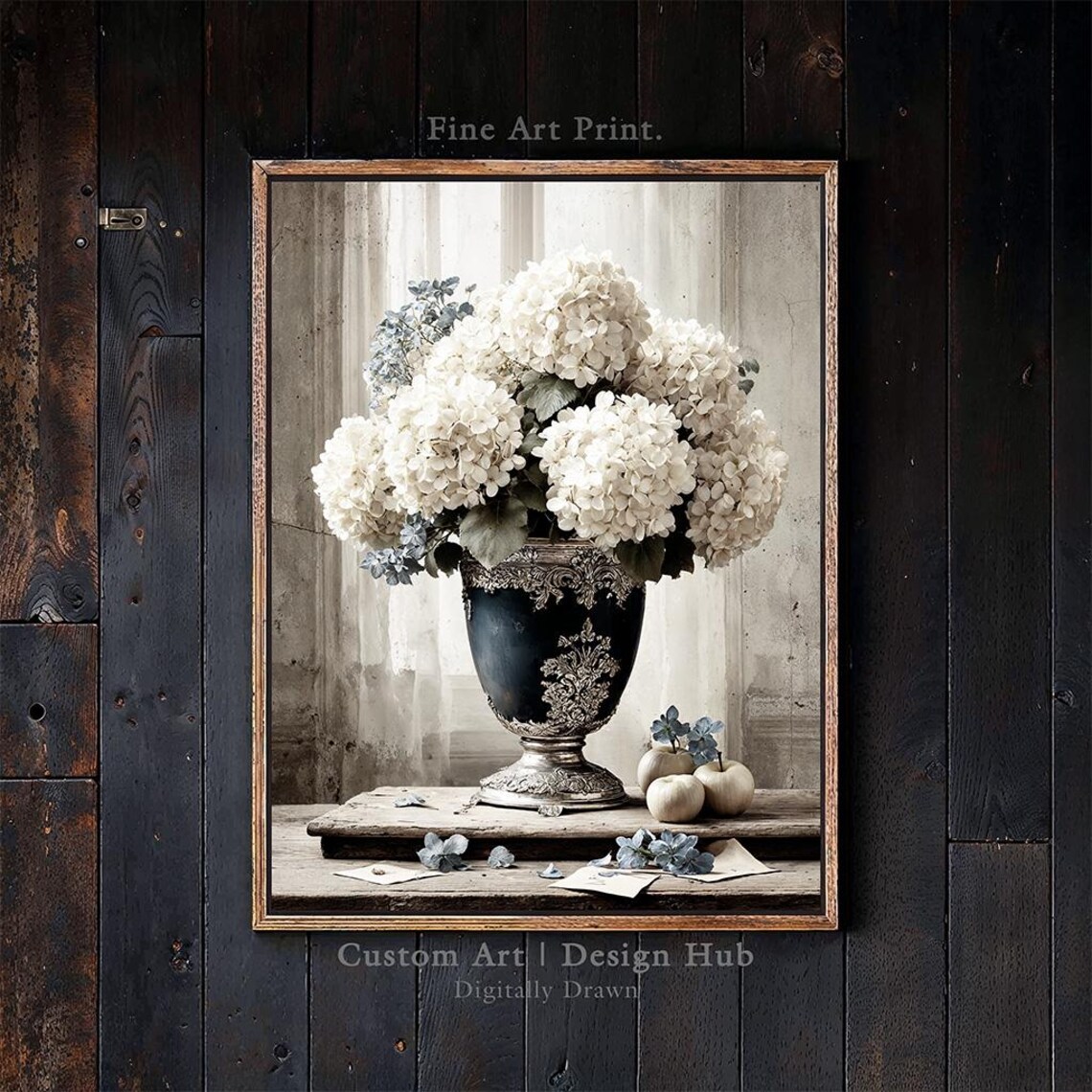 White Hydrangea Bouquet in Vintage Ornate Urn Elegant Floral Still Life Poster